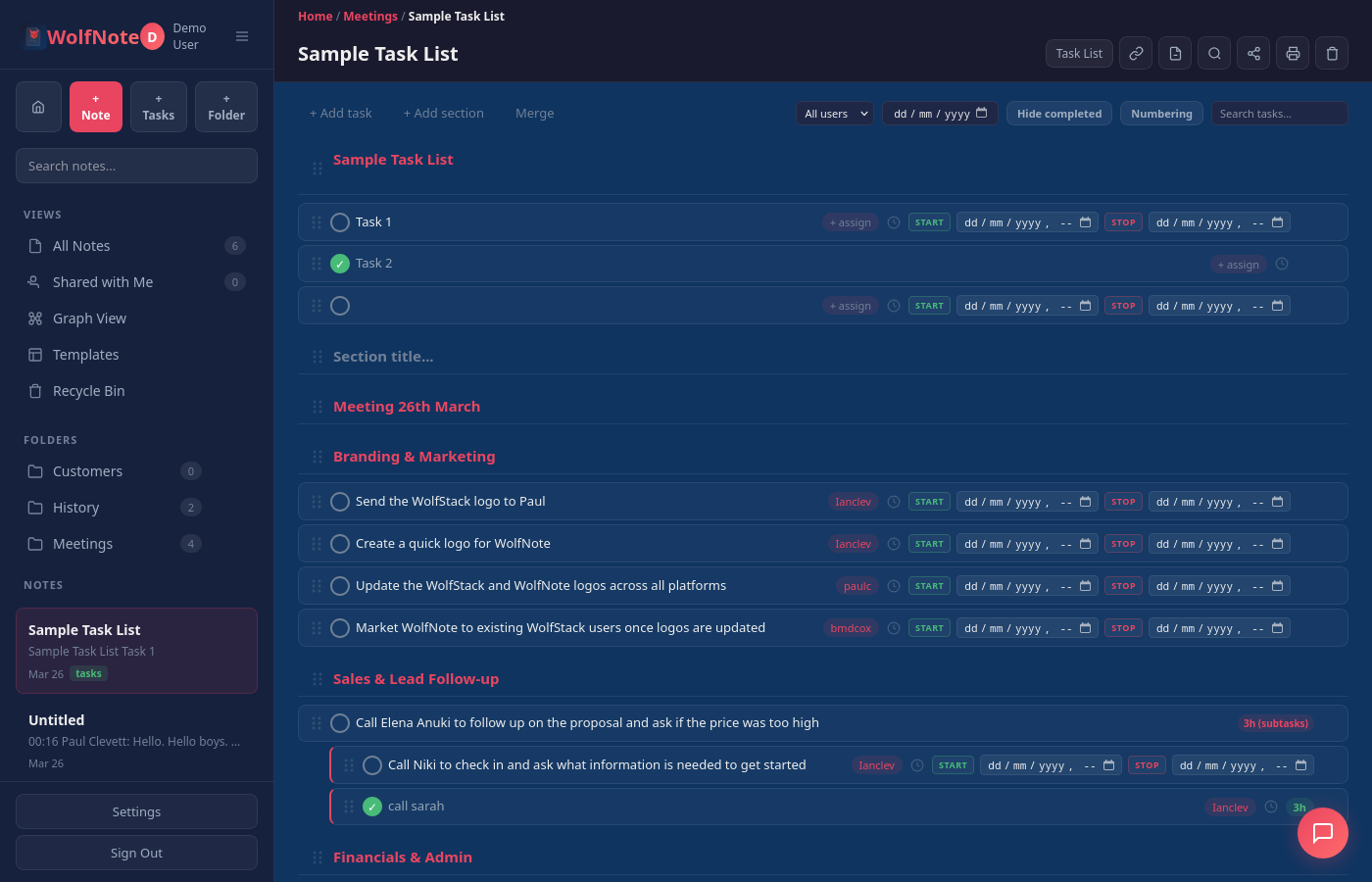 WolfNote task tracking with subtasks, time billing and Gantt chart